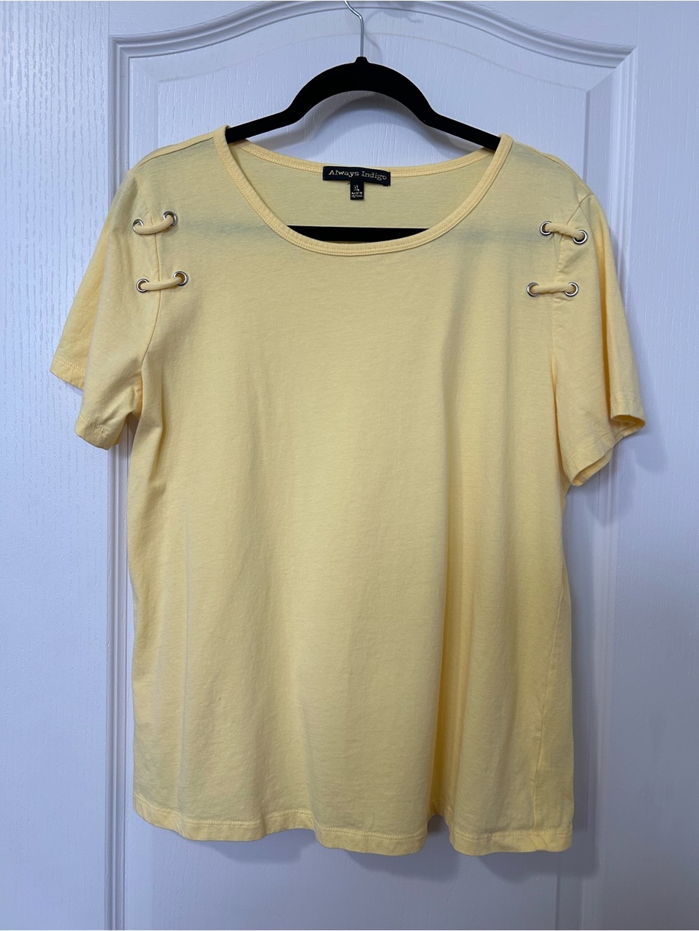 Always Indigo Yellow Lace-Up Shoulder Short Sleeve Tee